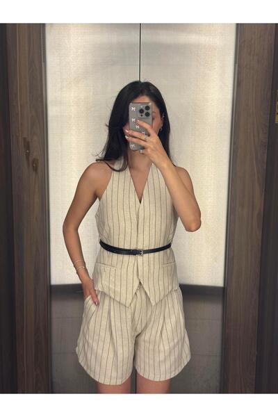 LUUNA STORE طقم شورت من الكتان المخطط