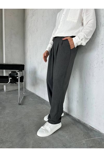 Gambocci Men's Baggy Wide Casual Pleated Elastic Waist Fabric Pants