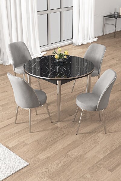 Canisa Osle Serisi 90x90 Yuvarlak Siyah Mermer Desen Mutfak Masa Takımı 4 San...