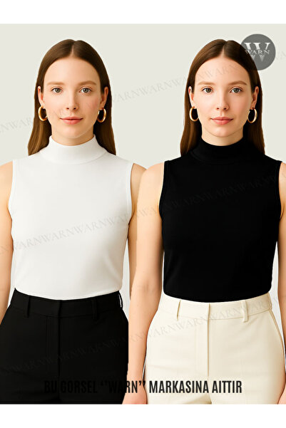 warn بدلة نسائية بدون أكمام نصف رقبة دائرية صيفية باللون الأسود والأبيض