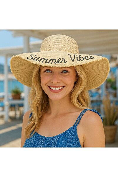 Trend Şapka 14726 Pălărie de paie lată bej brodata Summer Vibes