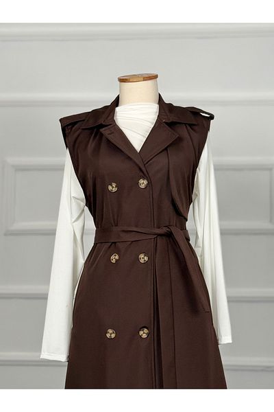 RACE FASHİON Belted Waist Double Pocket Vest Trench Coat Rc3037