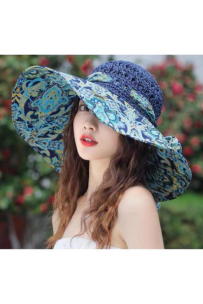 Axesoire 14718 Patterned Navy Blue Wide Brim Straw Hat