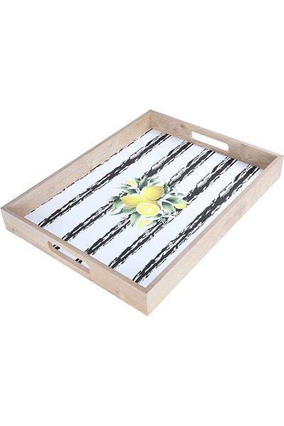 Alsaif Gallery Wooden Serving Tray Al Seif Gallery, 42 cm, Rectangular, Lemon Engraving, Handle - White
