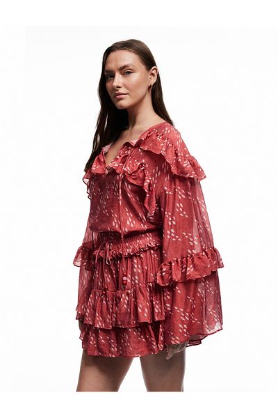 Koton X Melis Ağazat - Patterned Elastic Waist Tie Layered Ruffle Mini Skirt