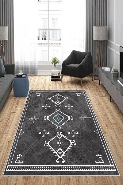 on the clouds Gri Zemin Bohem Etnik Kilim Desen Yıkanabilir Kaymaz Taban Leke...