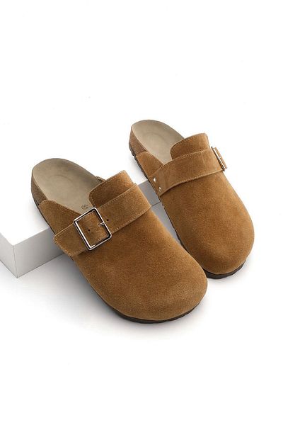 Marjin Women's Genuine Leather Eva Sole Closed Front Buckle Sabo Daily Slippers Sumpa Tan Suede