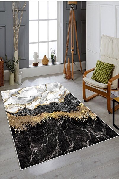 on the clouds Siyah Gold Çizgili Mermer Desenli Yıkanabilir Kaymaz Taban Leke...