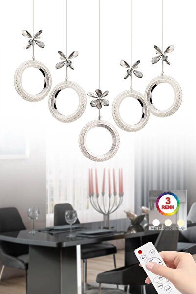 İstanbul Avize Halka 5'li Sıralı Gümüş Kumandalı 3 Renk Kumandalı Led Taşlı Ledli Avize