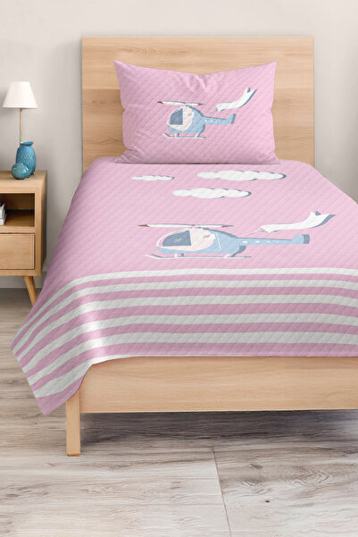 Realhomes مجموعة غطاء سرير بيك لغرفة الأطفال والمراهقين بنمط هليكوبتر وردي