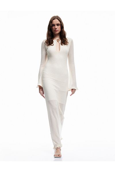 Koton X Melis Ağazat - Lined Long Spanish Sleeve Round Neck Long Crochet Dress with Accessory Detail