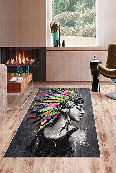 on the clouds Gri Zemin Kızılderili Kadın Desen Yıkanabilir Kaymaz Taban Leke...