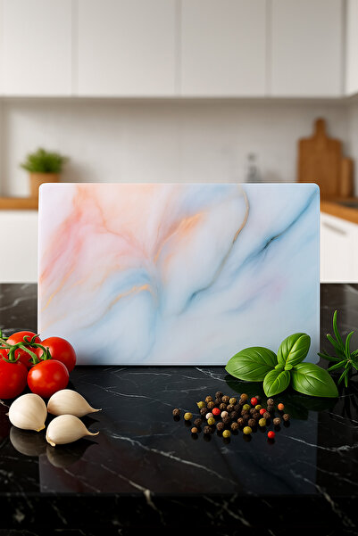 Devr-i Alem Supreme Mermer Görünümlü Cam Kesme Tahtası - Cam Kesme Tablası Oval Kenarlı 20cm X 30cm