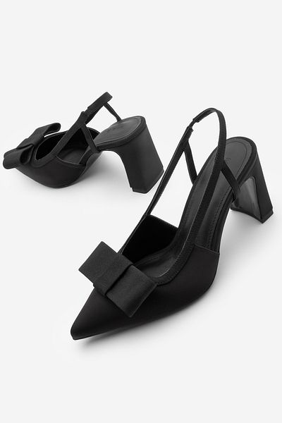 Marjin Women's Stiletto Pointed Toe Bow Detailed Open Back Thick Heeled Shoes Manolo Black Satin