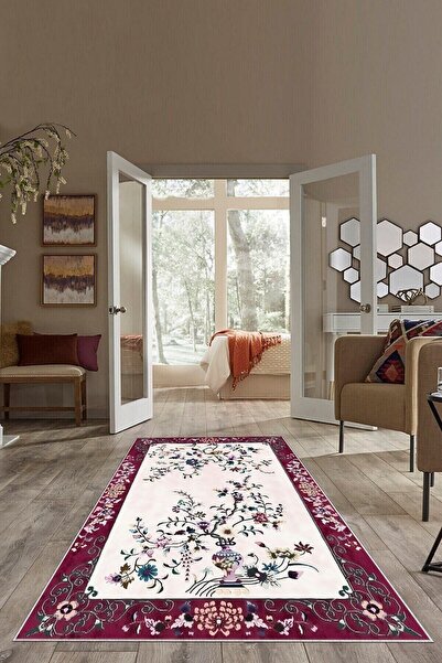 farbala Bordo Zemin Çiçek Desenli Yıkanabilir Kaymaz Taban Leke Tutmaz Yazlık...