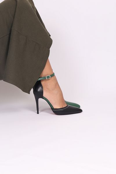 Extra Shoes İstanbul Women's Black Dark Green Skin Ankle Strap Thin Heeled High Stiletto Shoes