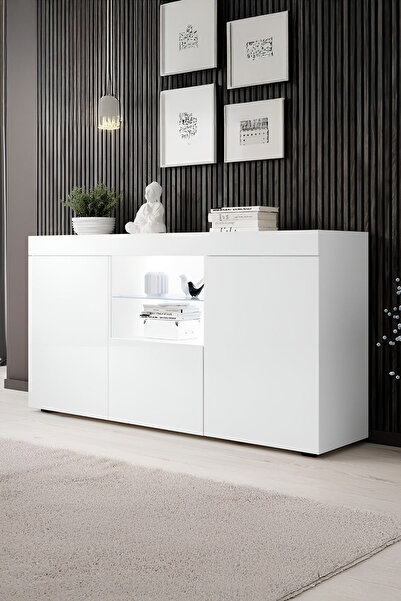 ECM Konsol Led Aydınlatmalı Şık Büfe Katlanabilir Cam Raflı Modern Ve Zarif K...