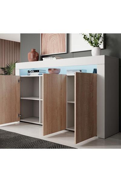 ECM Konsol Led Aydınlatmalı Şık Büfe Modern Ve Zarif Konsol Beyaz Mat Büfe