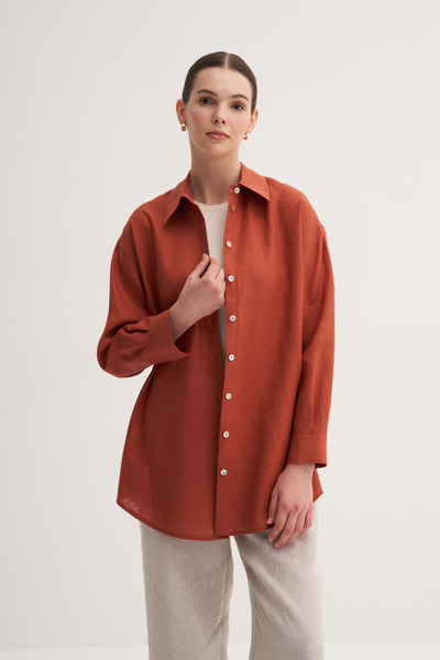 Zesyna Kiremit %100 Keten Rahat Kalıp Midi Gömlek