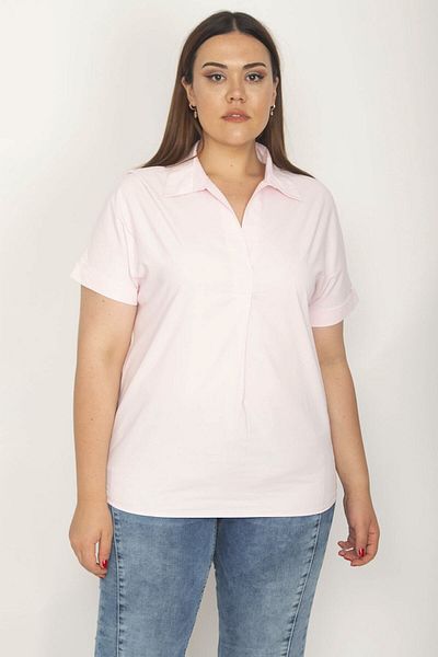 Şans Women's Large Size Pink V-Neck Double Sleeve Poplin Blouse 65N34456