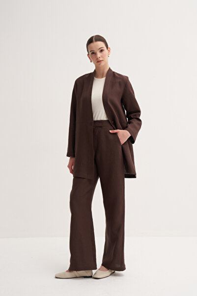 Zesyna Kahve %100 Keten Düğme Kapamalı Cepli Kimono