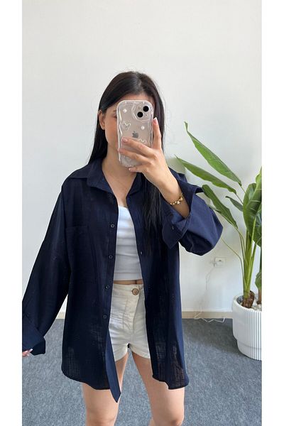 Shiron Sportswear&Company Cămașă de lux pentru femei, albastru bleumarin, cu umăr jos, oversize, cu buzunar din in