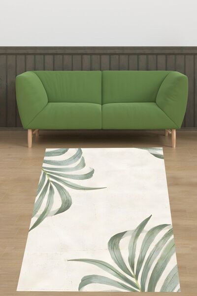 farbala Bohem İskandinav Yeşil Yapraklı Bitki Desen Kaymaz Taban Leke Tutmaz ...