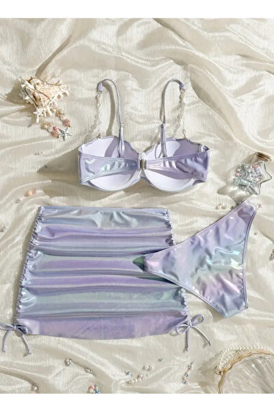 Phellos Sea Shell Bikini Set 3-Piece |   Hologram |   Skirted Bikini & Pearl Strap |   High Waist Top Wide Cut Swimsuit Set
