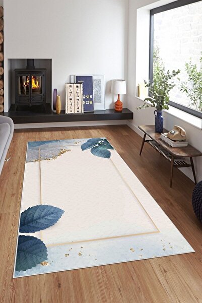 linazaitun Beyaz Zemin Gold Şerit Desenli Yıkanabilir Kaymaz Taban Leke Tutmaz Modern Salon Halısı Ve Yolluk