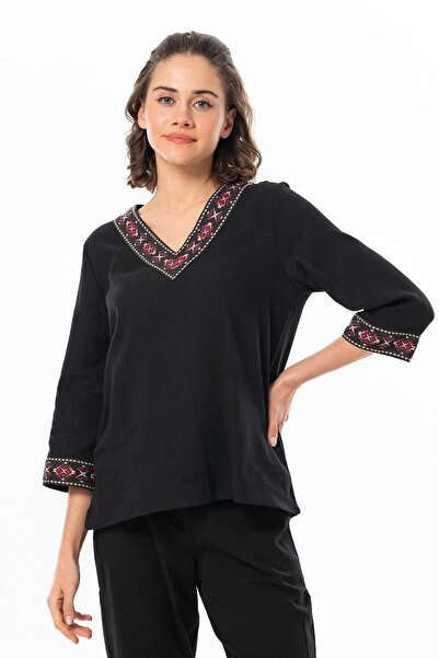 Eliş Şile Bezi Truvakar Kol V Yaka Nakışlı Talya Şile Bezi Yazlık Bluz Siyah Syh