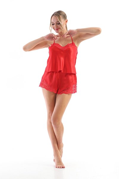 Laperissa Women's Red Lace Detailed Satin Pajama Set Stylish and Romantic Rop...