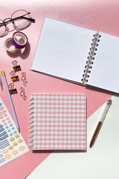 Martius Art 15X15 cm Square Hard Cover Spiral Checkered Notepad / School Notebook Pink Gingham Pattern