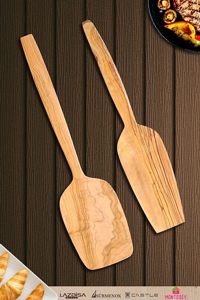 MONTESEV Olive Wood Wooden Wooden Spoon Spatula Set 2 Pieces (Olive Wood) Wooden Spoon