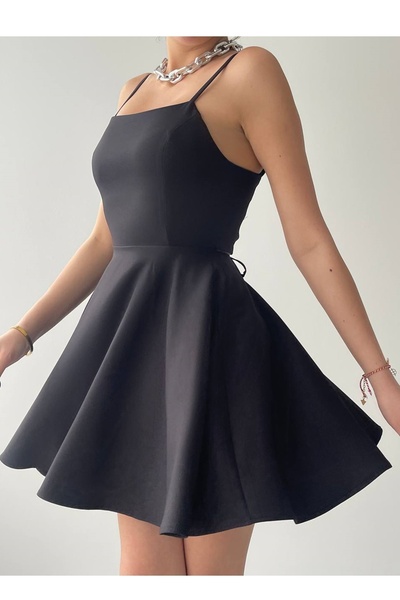 bayansepeti Women's Adjustable Strap Back Tie Design Flared Black Mini Dress 362