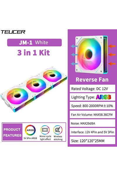 Choice A-rgb كما هو موضح Jm-1 أبيض عكسي Teucer Jm-1 مروحة علبة الكمبيوتر Argb مرآة تأثير ضوء الدورة 120 مم
