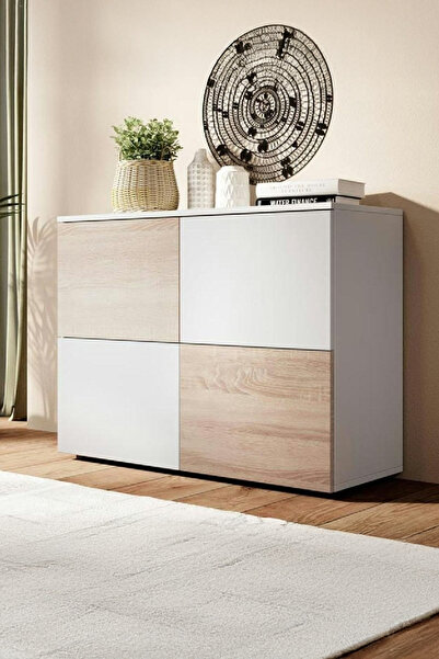 ECM Konsol Modern 4 Kapaklı Bas Aç Sistemli Sonoma Beyaz Dekoratif Büfe Salon Mutfak Yemek Odası Raf