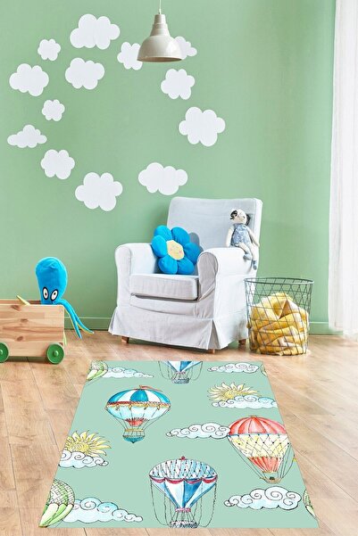 linazaitun Uçan Balon Bulut Desenli Halı Dijital Baskı Yıkanabilir Kaymaz Tab...