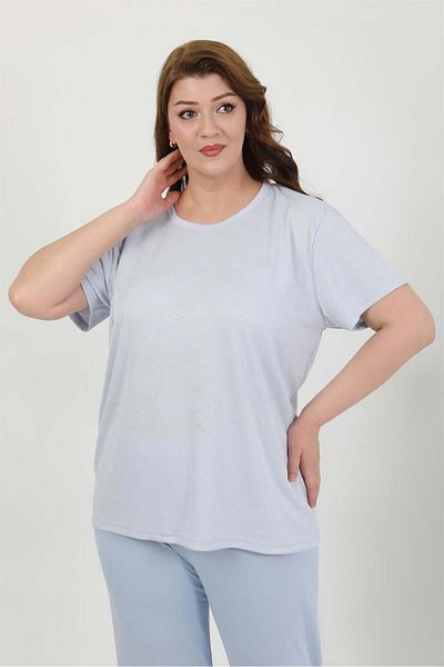 modaserdem Mdsrdm Women's Plus Size Short Sleeve Combed Cotton Pajama Set-Blue