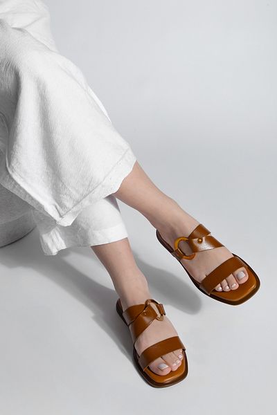 Marjin Women's Genuine Leather Buckle Daily Slippers Fenzum Tan