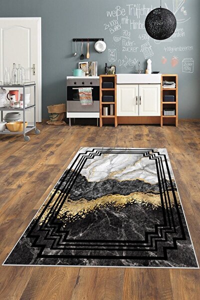 linazaitun Siyah Mermer Desenli Gold Yıkanabilir Kaymaz Taban Leke Tutmaz Mod...