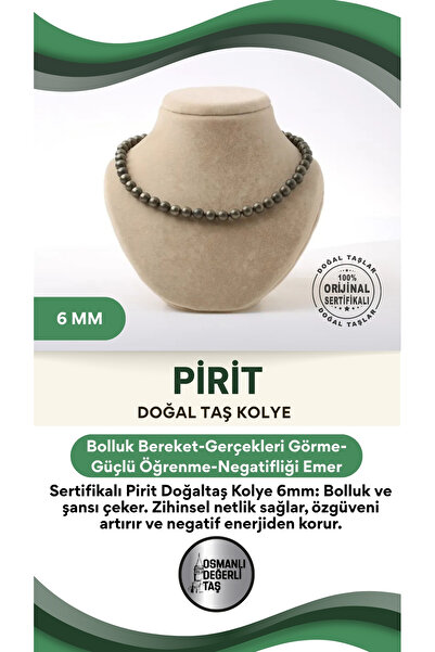 OSMANLI DEĞERLİ TAŞ Sertifikalı Pirit Doğaltaş Kolye 6 Mm, M587