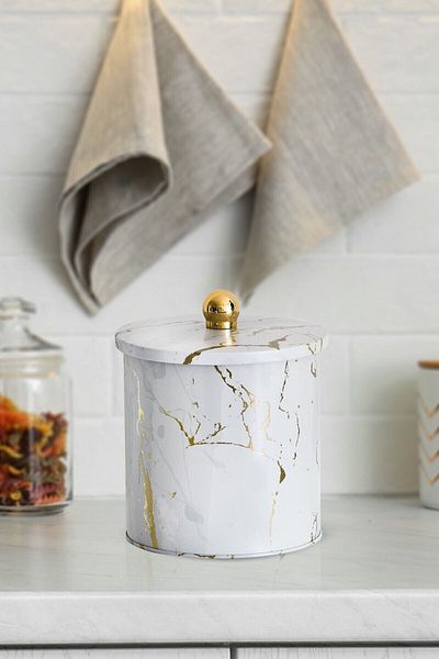 EVLE Ef143-51 Marble White Patterned Round Metal Storage Container 14 Cm