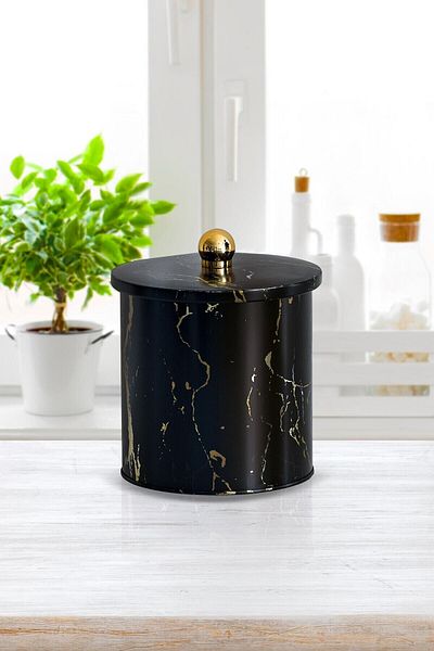 EVLE Ef143-50 Marble Black Patterned Round Metal Storage Container 14 Cm