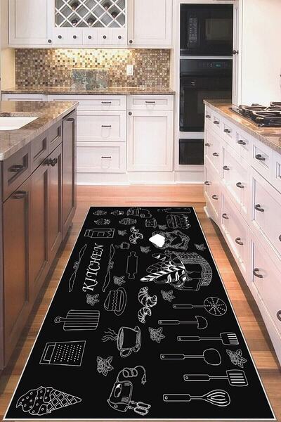 linazaitun Siyah Mutfak Ikonları Desenli Yıkanabilir Kaymaz Taban Leke Tutmaz...