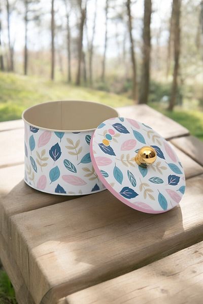 EVLE Ef141-44 Leaf 3 Patterned Round Metal Storage Container 14 Cm