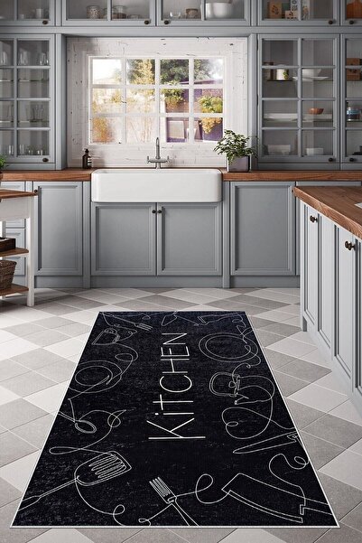 linazaitun Siyah Eskitme Mutfak Figürlü Yıkanabilir Kaymaz Taban Leke Tutmaz ...