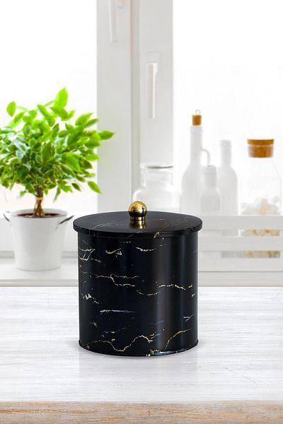 EVLE Ef147-50 Marble Black Patterned Round Metal Storage Container 17.5 Cm