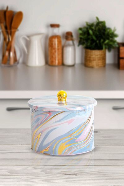 EVLE Ef145-ı0 Liquid Pink Patterned Round Metal Storage Container 17.5 Cm