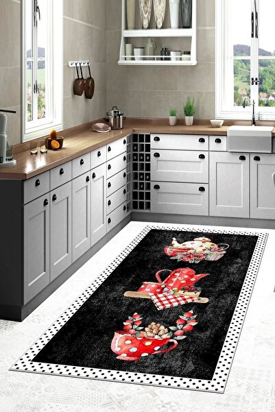 linazaitun Siyah Zemin Çaydanlık Fincan Meyve Desenli Yıkanabilir Kaymaz Taba...