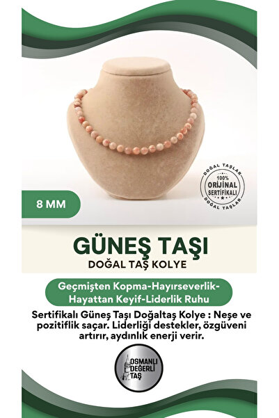 OSMANLI DEĞERLİ TAŞ Sertifikalı Güneş Taşı Doğaltaş Kolye 8 Mm, M518